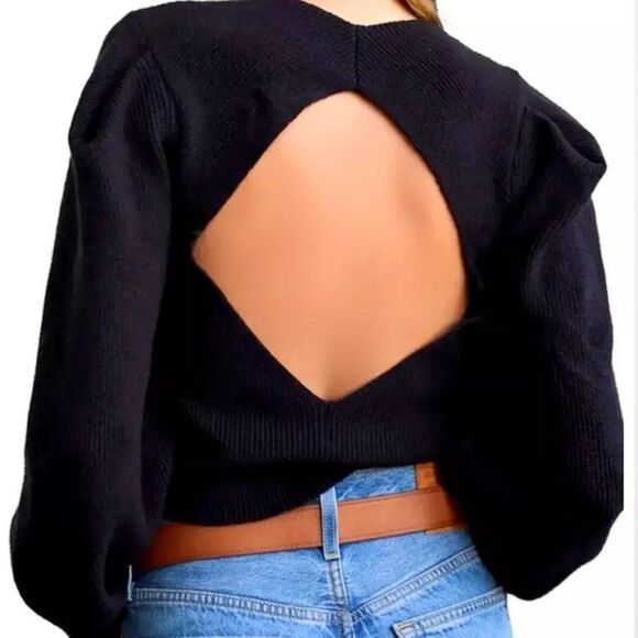 Free People Saffron Black Open Back Sweater Sz L Ribbed Knit Long Sleeves NEW - Picture 8 of 9